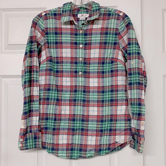 Vineyard Vines Green Pink Plaid Flannel Popover Top Sz 2 - Picture 1 of 4